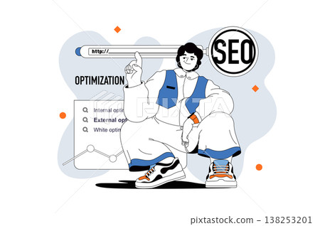Seo optimization outline web modern concept in flat line design. Woman analyzing online data, optimizing search engines site ranking. Vector illustration for social media banner, marketing material. Seo optimization outline web modern concept in flat line design. Woman analyzing online data, optimizing search engines site ranking. Vector illustration for social media banner, marketing material. 138253201