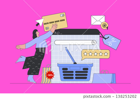 Commerce concept in modern flat design for web. Woman ordering products at internet store with online payment and delivery service. Vector illustration for social media banner, marketing material. 138253202