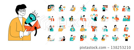 Marketing and development concept with character situations mega set in flat web design. Bundle of scenes people programming and releasing products, making online promotion. Vector illustrations. 138253210