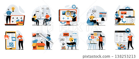 Web development concept with people scenes mega set in flat design. Bundle of character situations with wireframe site layout creation, engineering code and testing scripts. Vector illustrations. 138253213