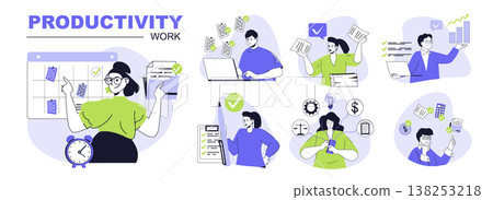 Productivity work concept set for web design. Collection with people planning and organizing schedule lists, doing tasks, workflow balance. Flat vector illustration isolated on white background. Productivity work concept set for web design. Collection with people planning and organizing schedule lists, doing tasks, workflow balance. Flat vector illustration isolated on white background. 138253218