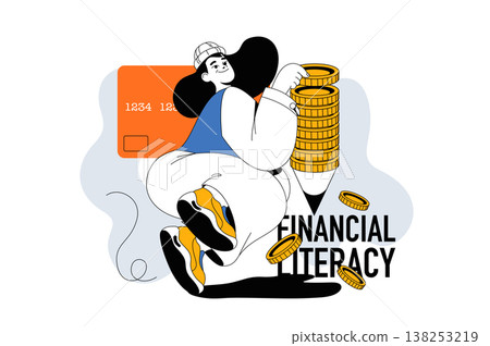 Financial literacy outline web modern concept in flat line design. Woman analysis personal account and credit cards, planning budget. Vector illustration for social media banner, marketing material. Financial literacy outline web modern concept in flat line design. Woman analysis personal account and credit cards, planning budget. Vector illustration for social media banner, marketing material. 138253219