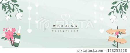 Wedding horizontal web banner. Elegant marriage invitation with wooden boards, pink flower bouquets, champagne, heart garlands. Vector illustration for header website, cover templates in modern design 138253228