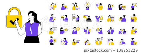 Cyber security concept with character situations mega set in flat web design. Bundle of scenes people protecting data, using firewall shield, fingerprint identity, secure access. Vector illustrations. 138253229