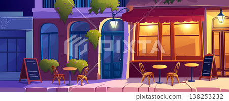 Night street cafe background banner in cartoon design. Outdoor restaurant dining area on sidewalk with tables and chairs under light lamps, storefront bistro and entrance. Vector cartoon illustration Night street cafe background banner in cartoon design. Outdoor restaurant dining area on sidewalk with tables and chairs under light lamps, storefront bistro and entrance. Vector cartoon illustration 138253232