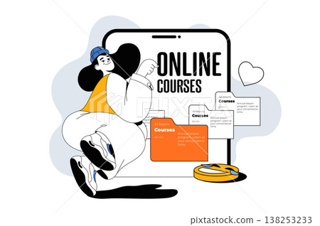 Online courses outline web modern concept in flat line design. Woman studying at virtual educational platform with video lessons. Vector illustration for social media banner, marketing material. 138253233