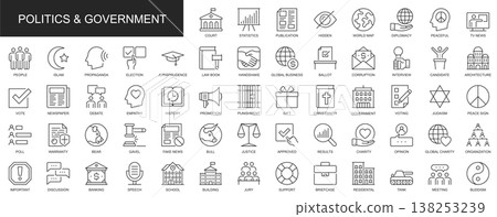 Politics and government web icons set in thin line design. Pack of statistics, diplomacy, tv news, debate, election, corruption, ballot, vote, other outline stroke pictograms. Vector illustration. 138253239
