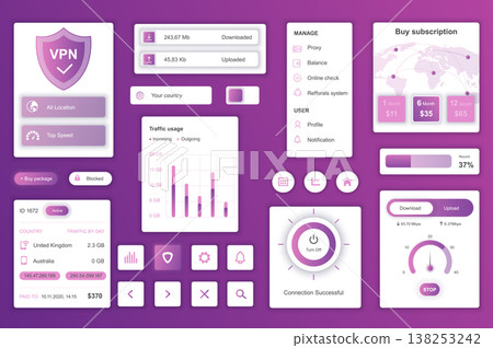 User interface elements set for VPN service mobile app or web. Kit template with HUD, download, upload, locations, speed, buy subscription, online security. Pack of UI, UX, GUI. Vector components. 138253242