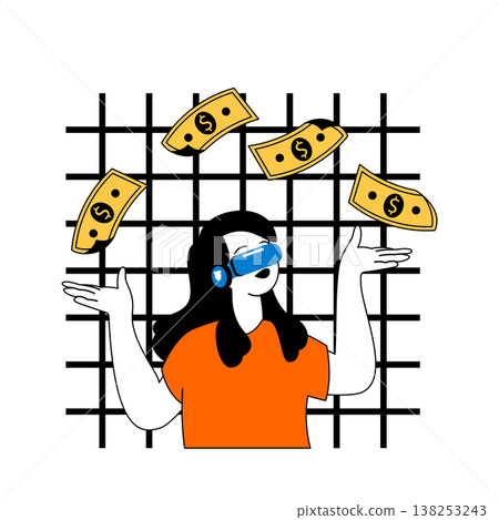 Virtual reality concept with cartoon people in flat design for web. Woman in VR headset earning money, bitcoin and cryptocurrency. Vector illustration for social media banner, marketing material. Virtual reality concept with cartoon people in flat design for web. Woman in VR headset earning money, bitcoin and cryptocurrency. Vector illustration for social media banner, marketing material. 138253243