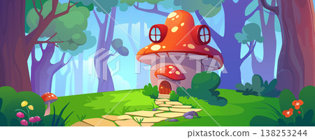 Fantasy mushroom house background banner in cartoon design. Gnome home with poisonous amanita exterior, fly agaric cottage with pathway to door in summer forest trees. Vector cartoon illustration Fantasy mushroom house background banner in cartoon design. Gnome home with poisonous amanita exterior, fly agaric cottage with pathway to door in summer forest trees. Vector cartoon illustration 138253244