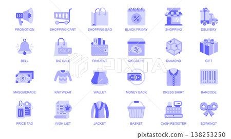 Shopping web icons set in duotone flat design. Pack pictograms with promotion, cart, bag, black friday, delivery, big sale, payment, discount, diamond, gift, money, wallet, price. Vector illustration. Shopping web icons set in duotone flat design. Pack pictograms with promotion, cart, bag, black friday, delivery, big sale, payment, discount, diamond, gift, money, wallet, price. Vector illustration. 138253250