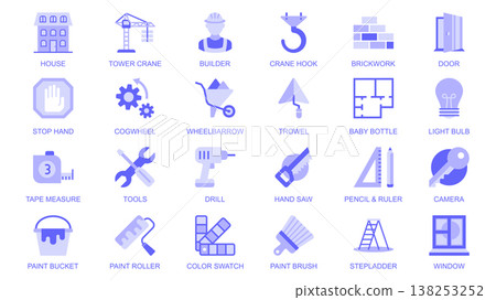 Constructions tools web icons set in duotone flat design. Pack pictograms with house, tower crane, builder, brickwork, door, cogwheel, wheelbarrow, trowel, blueprint, key, other. Vector illustration. Constructions tools web icons set in duotone flat design. Pack pictograms with house, tower crane, builder, brickwork, door, cogwheel, wheelbarrow, trowel, blueprint, key, other. Vector illustration. 138253252