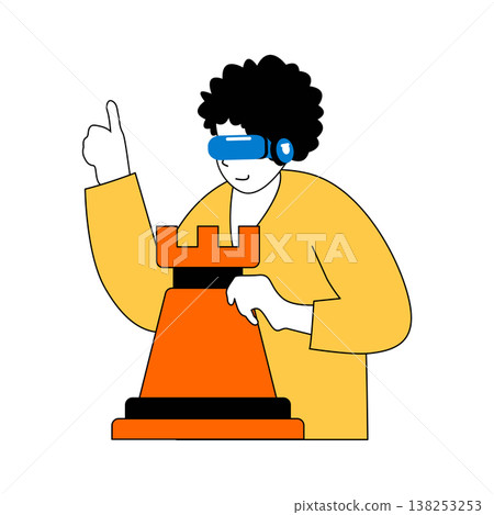 Virtual reality concept with cartoon people in flat design for web. Woman in VR headset playing chess with artificial intelligence. Vector illustration for social media banner, marketing material. 138253253