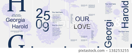 Wedding modern banner with trendy minimalist typography design. Poster templates with elegant hydrangea flower with leaves silhouettes and text elements for ceremony invitation. Vector illustration. 138253255