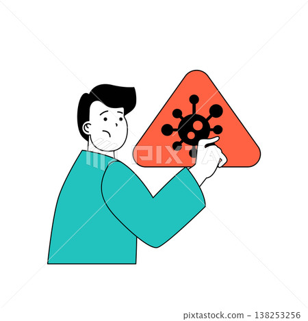 Coronavirus concept with cartoon people in flat design for web. Man seeing warning sign with spread of danger virus infection disease. Vector illustration for social media banner, marketing material. 138253256