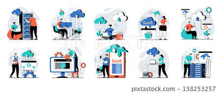 SaaS web concept with people scenes mega set in flat design. Bundle of character situations with cloud processing and programs using with subscription, software as a service. Vector illustrations. 138253257