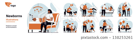 Family with newborn baby concept with people scenes mega set in flat web design. Bundle of character situation with mothers and fathers take care kid, walking, feeding, bathing. Vector illustrations. 138253261
