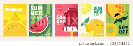 Summer sale cover brochure set in trendy flat design. Summertime banner templates with cute sun, watermelon, ice cream, lemon and pineapple with funny faces and shopping offers. Vector illustration. 138253262