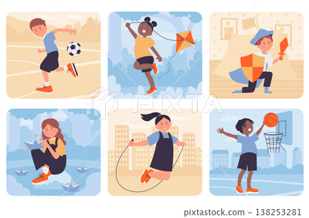 Kids play games concept with people situation set in flat web design. Bundle scenes with multiethnic characters play football or basketball, fly kite, launch paper boats, other. Vector illustrations. 138253281