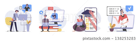 Back to school concept with people scenes set in flat web design. Collection of character situation with students learning online, watching video lessons, graduating study. Vector illustrations. Back to school concept with people scenes set in flat web design. Collection of character situation with students learning online, watching video lessons, graduating study. Vector illustrations. 138253283
