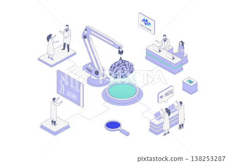 Medical laboratory isometric concept in outline isometry design for web. People scientists doing scientific research on human brain, studying dna molecule, making genetic tests. Vector illustration. 138253287
