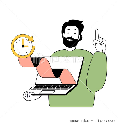 Time management concept with cartoon people in flat design for web. Man works in workflow at laptop with countdown clock to deadline. Vector illustration for social media banner, marketing material. Time management concept with cartoon people in flat design for web. Man works in workflow at laptop with countdown clock to deadline. Vector illustration for social media banner, marketing material. 138253288