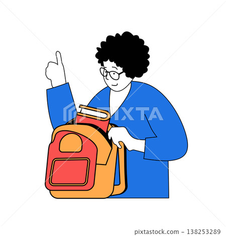 School learning concept with cartoon people in flat design for web. Woman helping pupil to preparing schoolbag with books to lessons. Vector illustration for social media banner, marketing material. School learning concept with cartoon people in flat design for web. Woman helping pupil to preparing schoolbag with books to lessons. Vector illustration for social media banner, marketing material. 138253289
