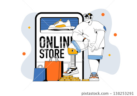 Online shopping outline web modern concept in flat line design. Man choosing goods, makes purchase in internet store, paying in app. Vector illustration for social media banner, marketing material. Online shopping outline web modern concept in flat line design. Man choosing goods, makes purchase in internet store, paying in app. Vector illustration for social media banner, marketing material. 138253291