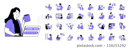 Marketing and development concept with character situations mega set in flat web design. Bundle of scenes people making advertising and online promotion with creative content. Vector illustrations. 138253292