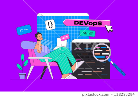 Development concept in modern flat design for web. Developer programming software, monitoring DevOps, engineers project communication. Vector illustration for social media banner, marketing material. Development concept in modern flat design for web. Developer programming software, monitoring DevOps, engineers project communication. Vector illustration for social media banner, marketing material. 138253294