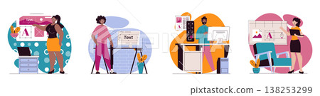 Design agency concept with people scenes set in flat web design. Bundle of character situations with designers creating webpage and interface layouts, drawing digital contents. Vector illustrations. 138253299