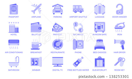 Hotel services web icons set in duotone flat design. Pack pictograms with passport, airplane, parking, shuttle, luggage, payment, exchange, restaurant, air conditioning, other. Vector illustration. 138253301