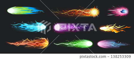 Blasters laser effect mega set in cartoon graphic design. Bundle elements of game handgun shoots with glowing lights, fireballs with spark trail, energy explosion. Vector illustration isolated objects Blasters laser effect mega set in cartoon graphic design. Bundle elements of game handgun shoots with glowing lights, fireballs with spark trail, energy explosion. Vector illustration isolated objects 138253309