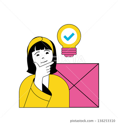 Design development concept with cartoon people in flat design for web. Woman brainstorming and sending product presentation emails. Vector illustration for social media banner, marketing material. Design development concept with cartoon people in flat design for web. Woman brainstorming and sending product presentation emails. Vector illustration for social media banner, marketing material. 138253310