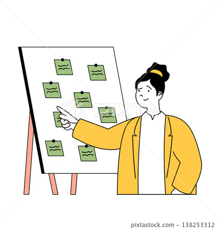 Time management concept with cartoon people in flat design for web. Woman doing workflow tasks with priority notes at board in office. Vector illustration for social media banner, marketing material. Time management concept with cartoon people in flat design for web. Woman doing workflow tasks with priority notes at board in office. Vector illustration for social media banner, marketing material. 138253312