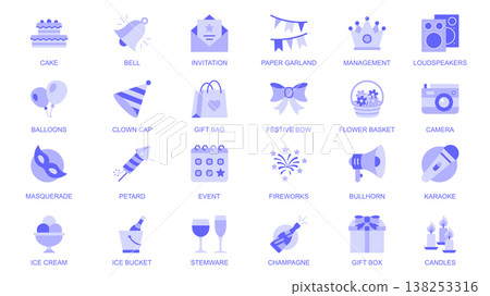 Party web icons set in duotone flat design. Pack pictograms with cake, bell, invitation, paper garland, balloons, clown cap, gift box, festive bow, flower bucket, camera, other. Vector illustration. Party web icons set in duotone flat design. Pack pictograms with cake, bell, invitation, paper garland, balloons, clown cap, gift box, festive bow, flower bucket, camera, other. Vector illustration. 138253316