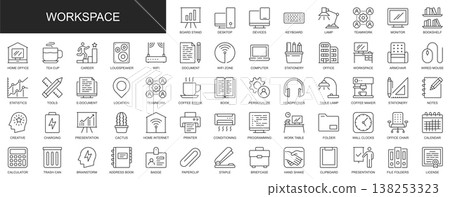 Workspace web icons set in thin line design. Pack of office, workplace, computer, teamwork, statistic, tools, brainstorm, presentation, document, other outline stroke pictograms. Vector illustration. Workspace web icons set in thin line design. Pack of office, workplace, computer, teamwork, statistic, tools, brainstorm, presentation, document, other outline stroke pictograms. Vector illustration. 138253323