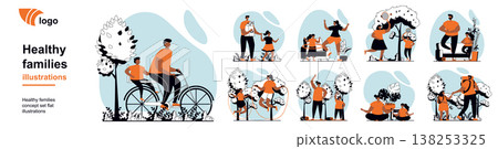 Healthy families concept with people scenes mega set in flat web design. Bundle of character situation with parents with kids shopping, training, playing, hiking, cycling. Vector illustrations. Healthy families concept with people scenes mega set in flat web design. Bundle of character situation with parents with kids shopping, training, playing, hiking, cycling. Vector illustrations. 138253325