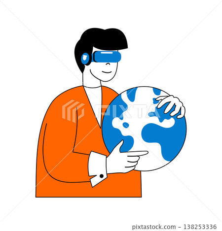 Virtual reality concept with cartoon people in flat design for web. Man in VR headset connecting with globe network and metaverse. Vector illustration for social media banner, marketing material. Virtual reality concept with cartoon people in flat design for web. Man in VR headset connecting with globe network and metaverse. Vector illustration for social media banner, marketing material. 138253336