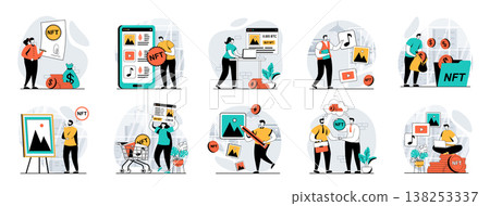 NFT token web concept with people scenes mega set in flat design. Bundle of character situations with digital art auction trading, buying virtual artwork at crypto marketplaces. Vector illustrations. NFT token web concept with people scenes mega set in flat design. Bundle of character situations with digital art auction trading, buying virtual artwork at crypto marketplaces. Vector illustrations. 138253337