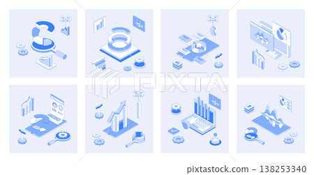 Data analysis 3d isometric concept set with isometric icons design for web. Collection of charts and graphs, marketing research, financial diagrams report, statistic information. Vector illustration Data analysis 3d isometric concept set with isometric icons design for web. Collection of charts and graphs, marketing research, financial diagrams report, statistic information. Vector illustration 138253340
