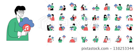 Cloud computing concept with character situations mega set in flat web design. Bundle of scenes people using cloud technology, upload files and make data backup with protection. Vector illustrations. Cloud computing concept with character situations mega set in flat web design. Bundle of scenes people using cloud technology, upload files and make data backup with protection. Vector illustrations. 138253344