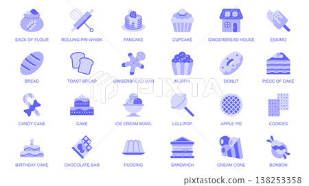 Bakery web icons set in duotone flat design. Pack pictograms with flour sack, whisk, rolling pin, cupcake, toast, bread, muffin, donut, cake, candy cane, ice cream, pie, other. Vector illustration. Bakery web icons set in duotone flat design. Pack pictograms with flour sack, whisk, rolling pin, cupcake, toast, bread, muffin, donut, cake, candy cane, ice cream, pie, other. Vector illustration. 138253358