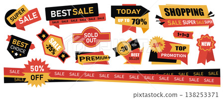 Sale tags mega set in flat graphic design. Collection elements of advertising stickers or badges for shopping clearance offers with discount percent prices and promo announcement. Vector illustration. Sale tags mega set in flat graphic design. Collection elements of advertising stickers or badges for shopping clearance offers with discount percent prices and promo announcement. Vector illustration. 138253371