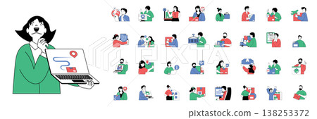 Delivery concept with character situations mega set in flat web design. Bundle of scenes people using global logistic service, tracking parcel route map, using courier shipping. Vector illustrations. Delivery concept with character situations mega set in flat web design. Bundle of scenes people using global logistic service, tracking parcel route map, using courier shipping. Vector illustrations. 138253372