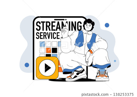 Streaming service outline web modern concept in flat line design. Man watching video or cinema and using online content stream app. Vector illustration for social media banner, marketing material. Streaming service outline web modern concept in flat line design. Man watching video or cinema and using online content stream app. Vector illustration for social media banner, marketing material. 138253375