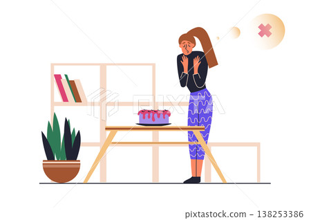 Diet with not sweet program web concept with people scene in flat design. Woman follows sugar free diet and refuses cakes and not eat sweets. Vector illustration with character situation for web Diet with not sweet program web concept with people scene in flat design. Woman follows sugar free diet and refuses cakes and not eat sweets. Vector illustration with character situation for web 138253386
