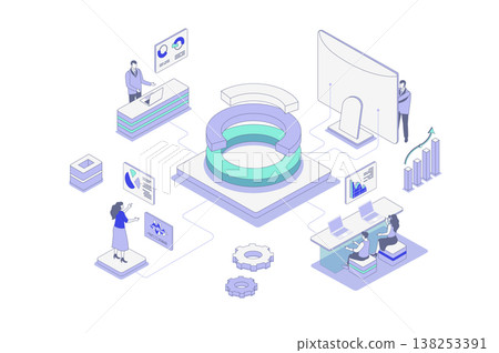 Data analysis isometric concept in outline isometry design for web. People studying diagram and chart, researching statistics for financial reports, analyzing graph dashboard. Vector illustration. Data analysis isometric concept in outline isometry design for web. People studying diagram and chart, researching statistics for financial reports, analyzing graph dashboard. Vector illustration. 138253391