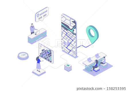 GPS navigation isometric concept in outline isometry design for web. People using map navigation system with pointer and road traffic, tracking route online in mobile app screen. Vector illustration. GPS navigation isometric concept in outline isometry design for web. People using map navigation system with pointer and road traffic, tracking route online in mobile app screen. Vector illustration. 138253395