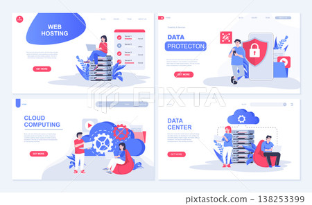 Cloud computing and web hosting concept for landing page in flat design. Users computing online and datacenter service with data protection. Vector illustration with people characters for homepage 138253399